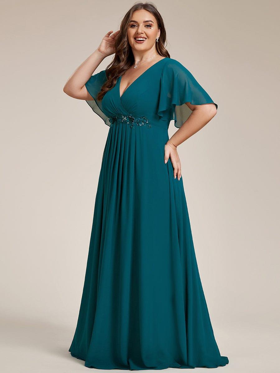 Stylish Plus Size V-Neck Appliques Chiffon Formal Evening Dress with Short Sleeves