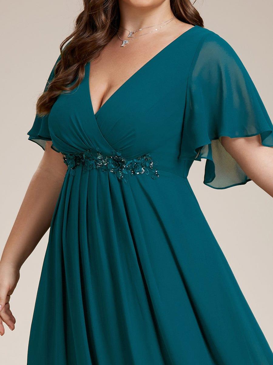 Stylish Plus Size V-Neck Appliques Chiffon Formal Evening Dress with Short Sleeves