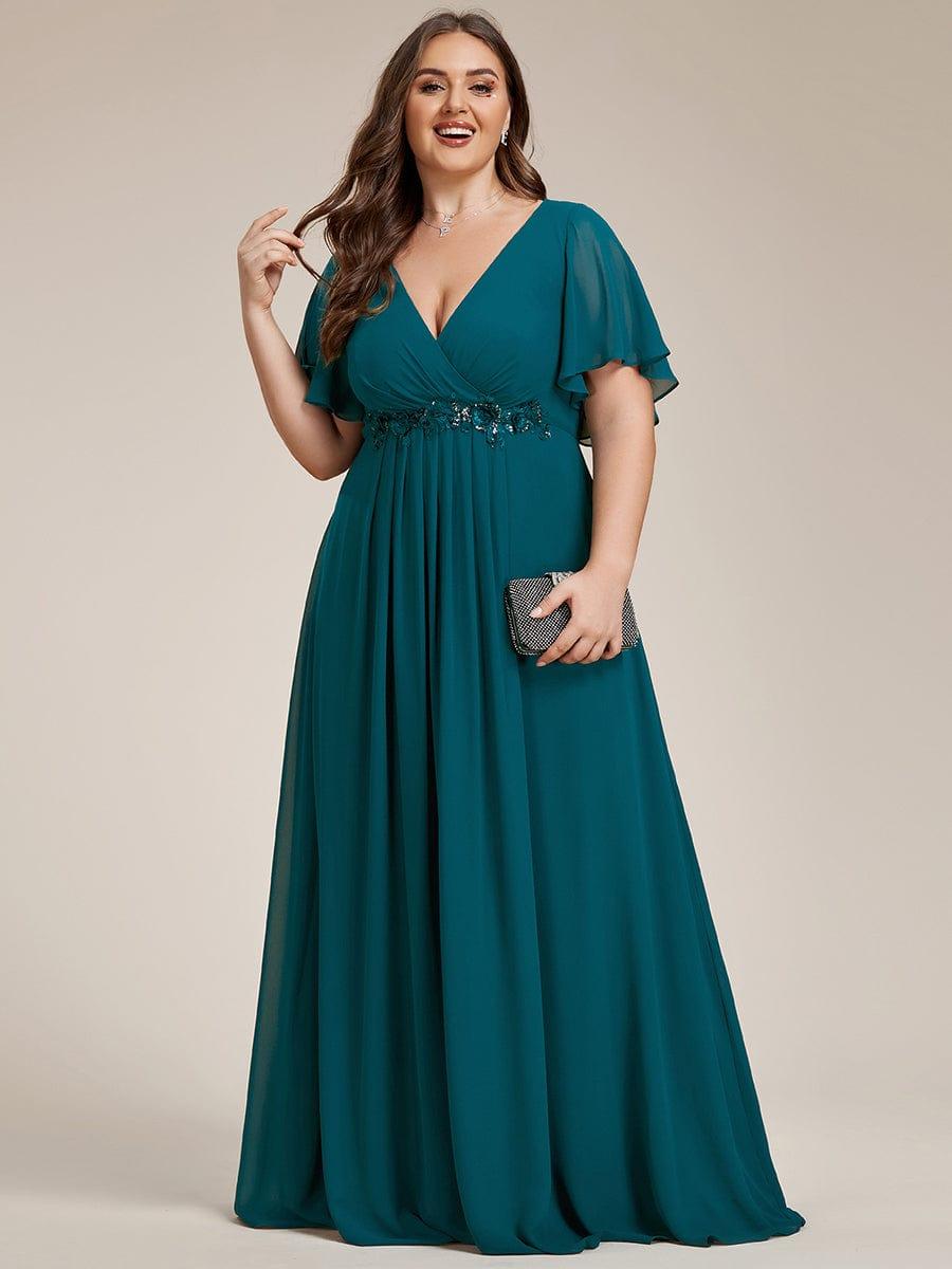 Stylish Plus Size V-Neck Appliques Chiffon Formal Evening Dress with Short Sleeves