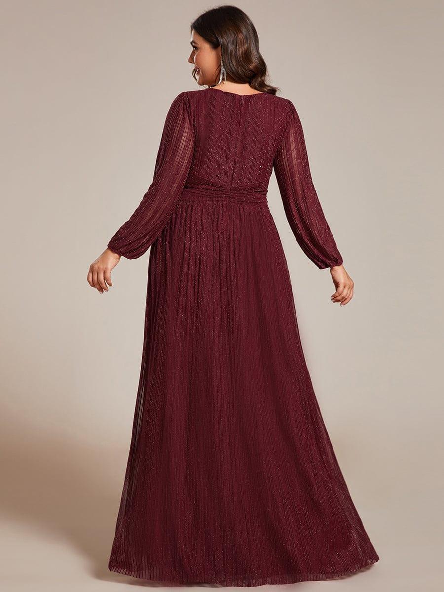 Glittery Plus Size Empire V-Neck A-Line Evening Dress with Long Sleeves