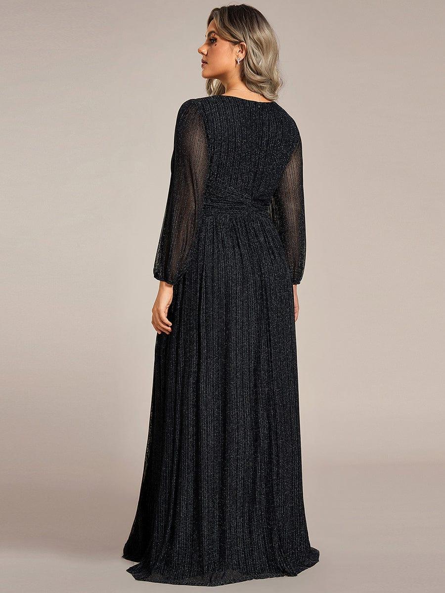 Glittery Plus Size Empire V-Neck A-Line Evening Dress with Long Sleeves