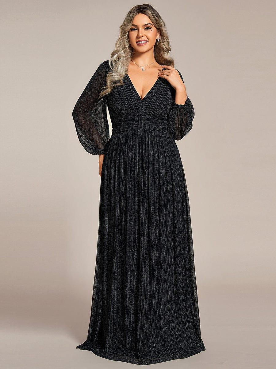 Glittery Plus Size Empire V-Neck A-Line Evening Dress with Long Sleeves