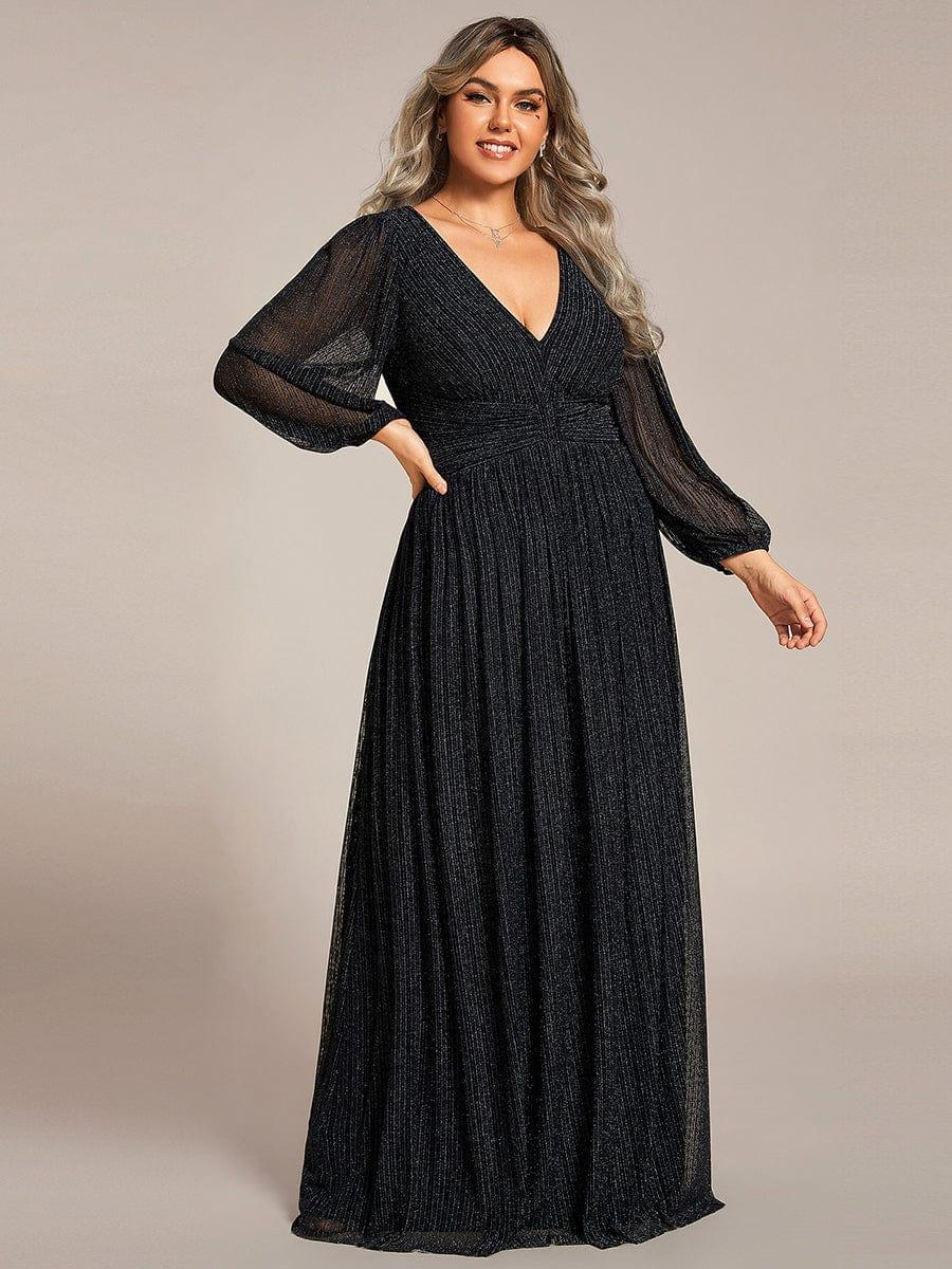 Glittery Plus Size Empire V-Neck A-Line Evening Dress with Long Sleeves