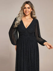 Glittery Plus Size Empire V-Neck A-Line Evening Dress with Long Sleeves