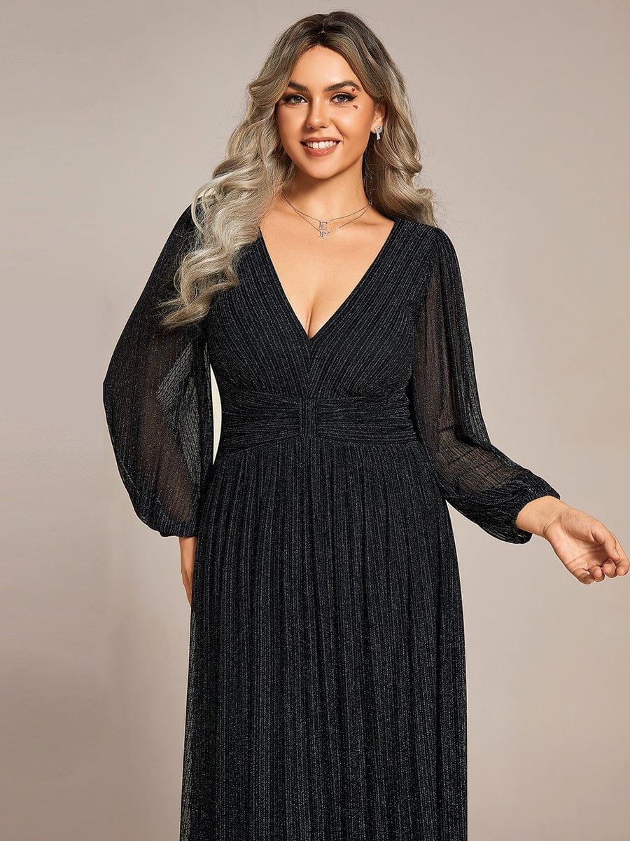 Glittery Plus Size Empire V-Neck A-Line Evening Dress with Long Sleeves