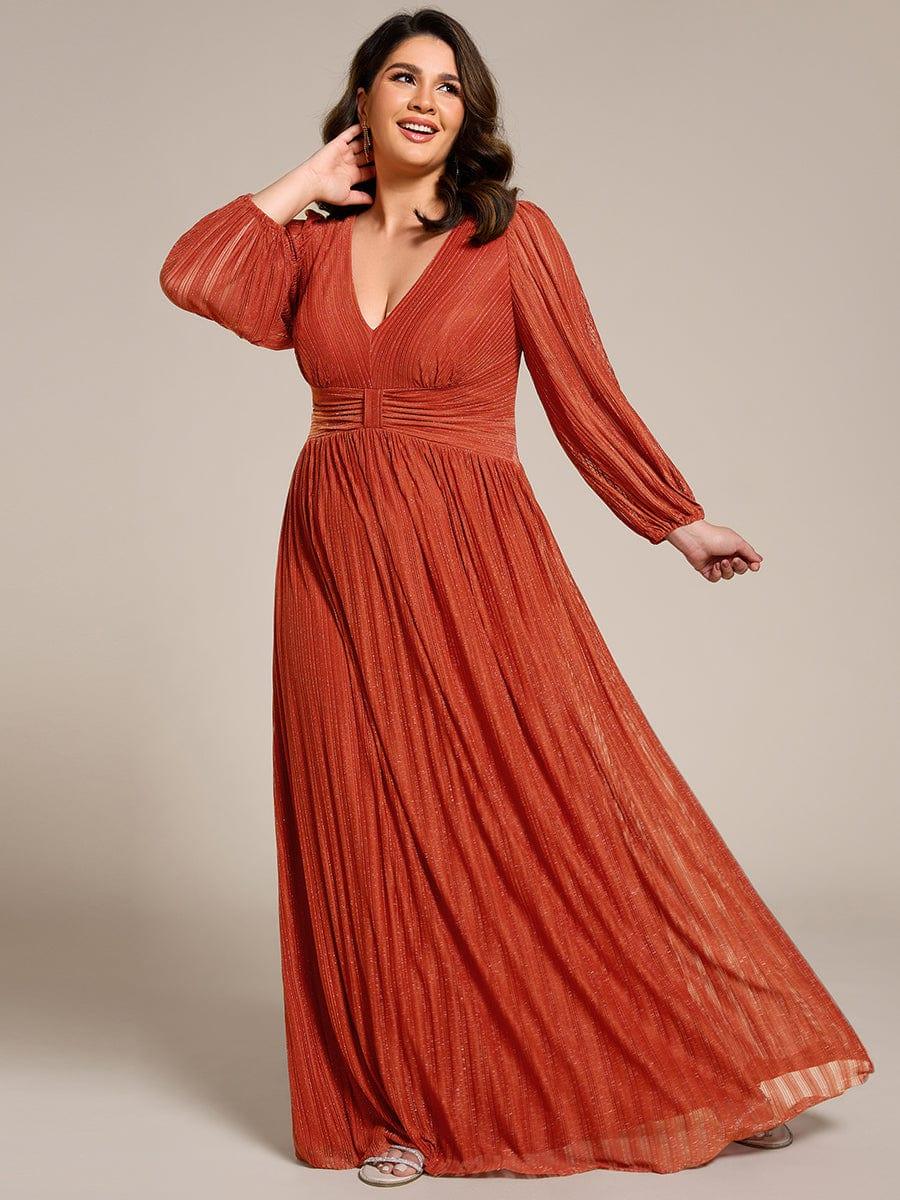Glittery Plus Size Empire V-Neck A-Line Evening Dress with Long Sleeves
