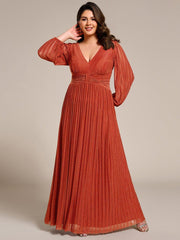 Glittery Plus Size Empire V-Neck A-Line Evening Dress with Long Sleeves