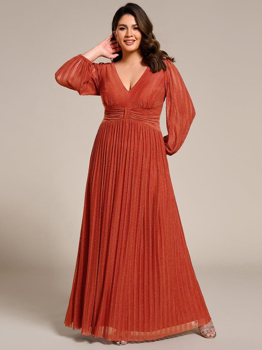 Glittery Plus Size Empire V-Neck A-Line Evening Dress with Long Sleeves