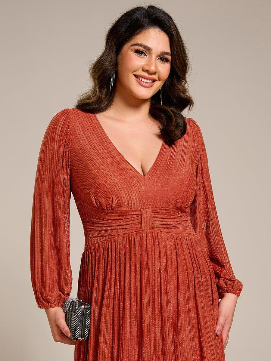 Glittery Plus Size Empire V-Neck A-Line Evening Dress with Long Sleeves