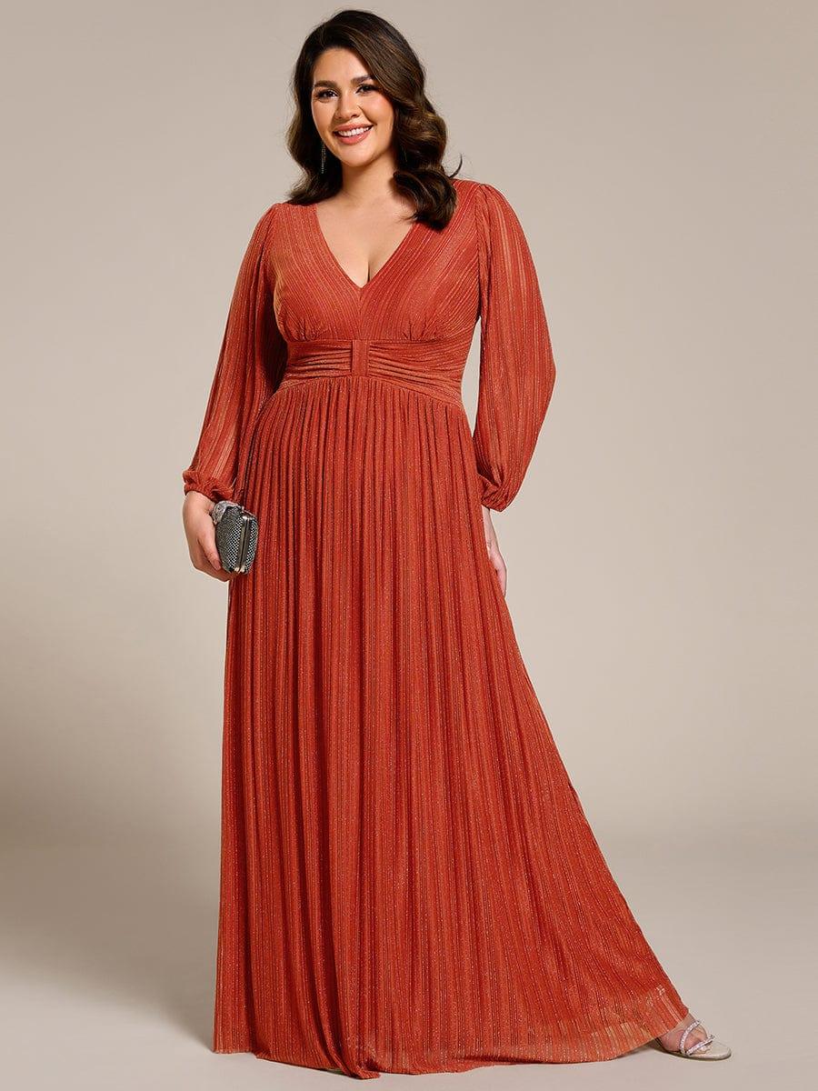 Glittery Plus Size Empire V-Neck A-Line Evening Dress with Long Sleeves