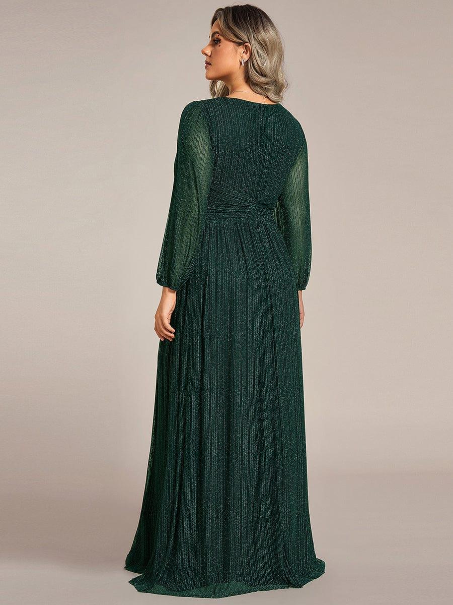 Glittery Plus Size Empire V-Neck A-Line Evening Dress with Long Sleeves