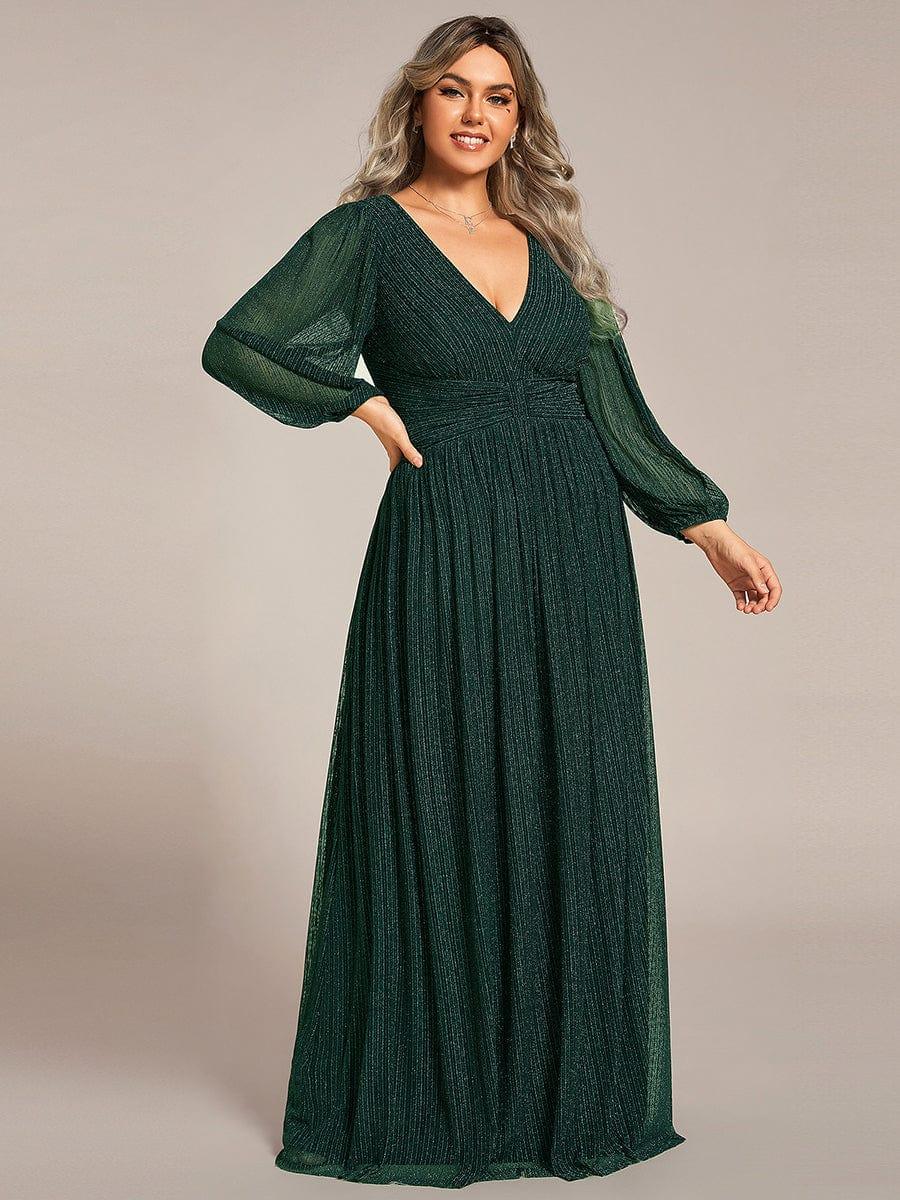 Glittery Plus Size Empire V-Neck A-Line Evening Dress with Long Sleeves