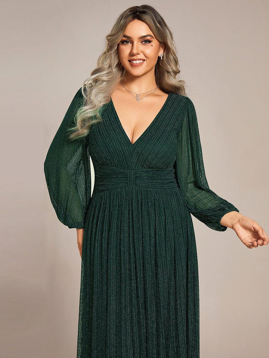 Glittery Plus Size Empire V-Neck A-Line Evening Dress with Long Sleeves