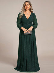 Glittery Plus Size Empire V-Neck A-Line Evening Dress with Long Sleeves