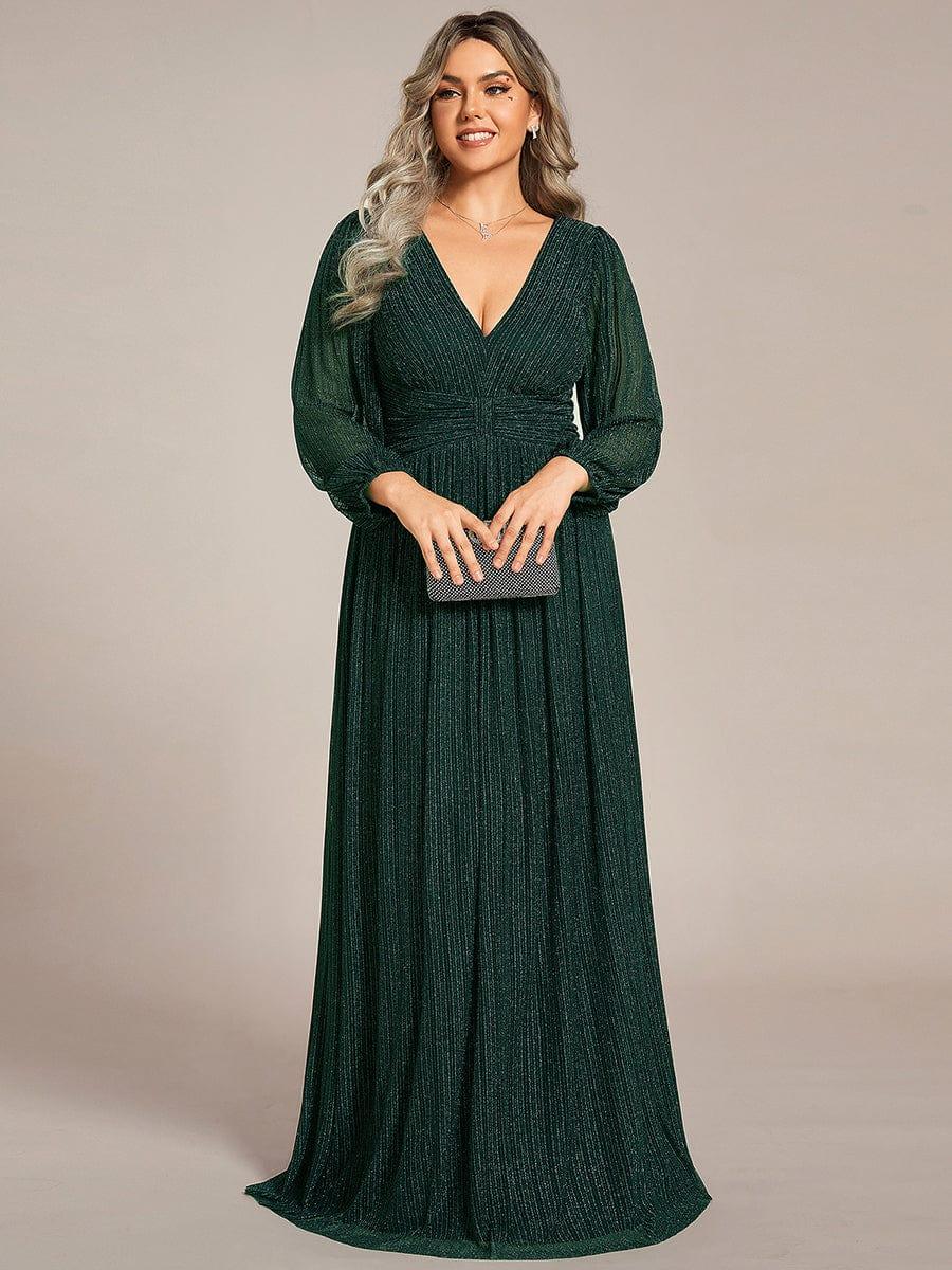 Glittery Plus Size Empire V-Neck A-Line Evening Dress with Long Sleeves