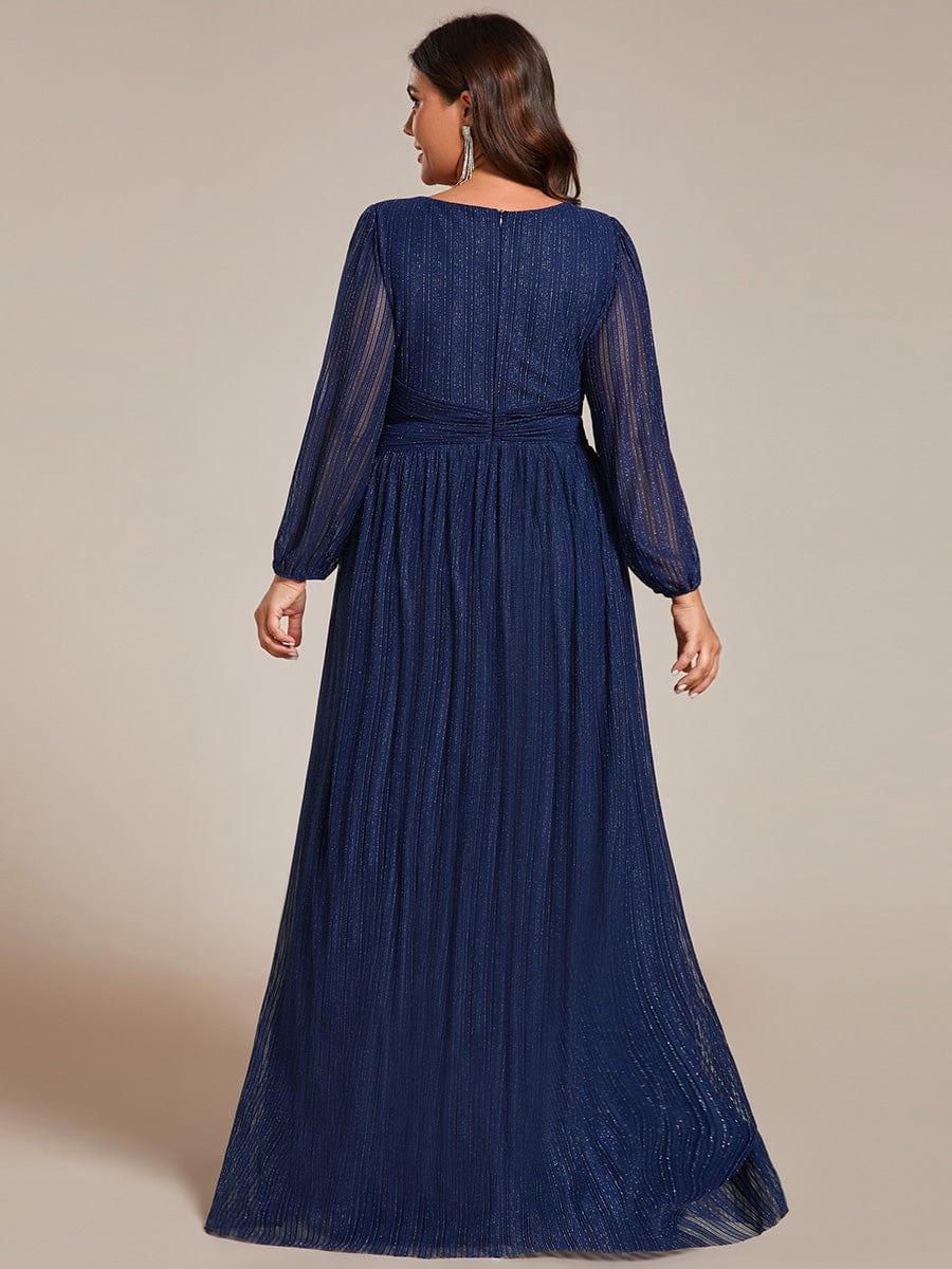 Glittery Plus Size Empire V-Neck A-Line Evening Dress with Long Sleeves