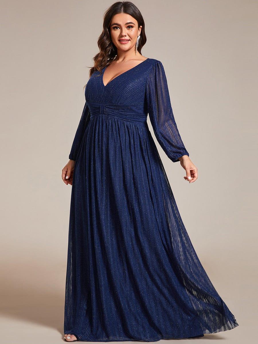 Glittery Plus Size Empire V-Neck A-Line Evening Dress with Long Sleeves