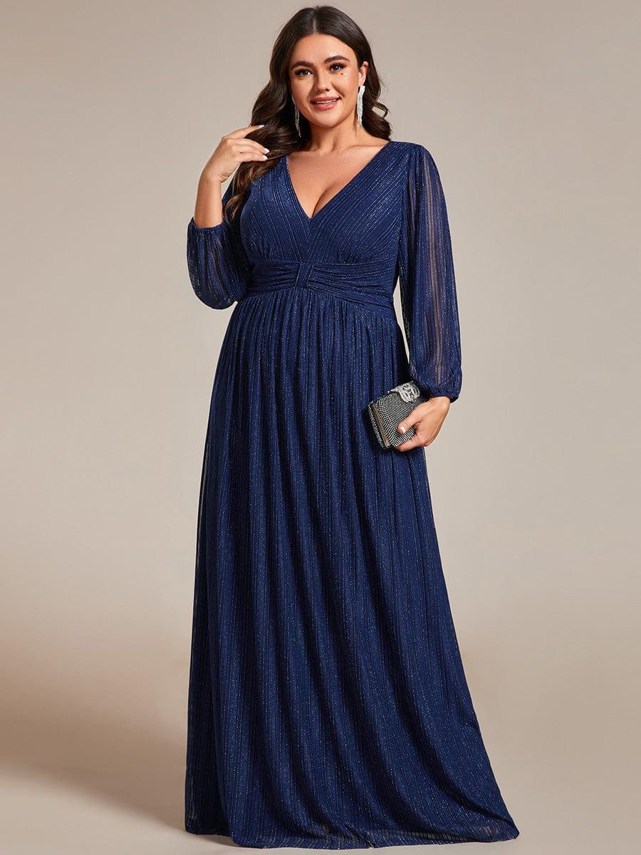 Glittery Plus Size Empire V-Neck A-Line Evening Dress with Long Sleeves