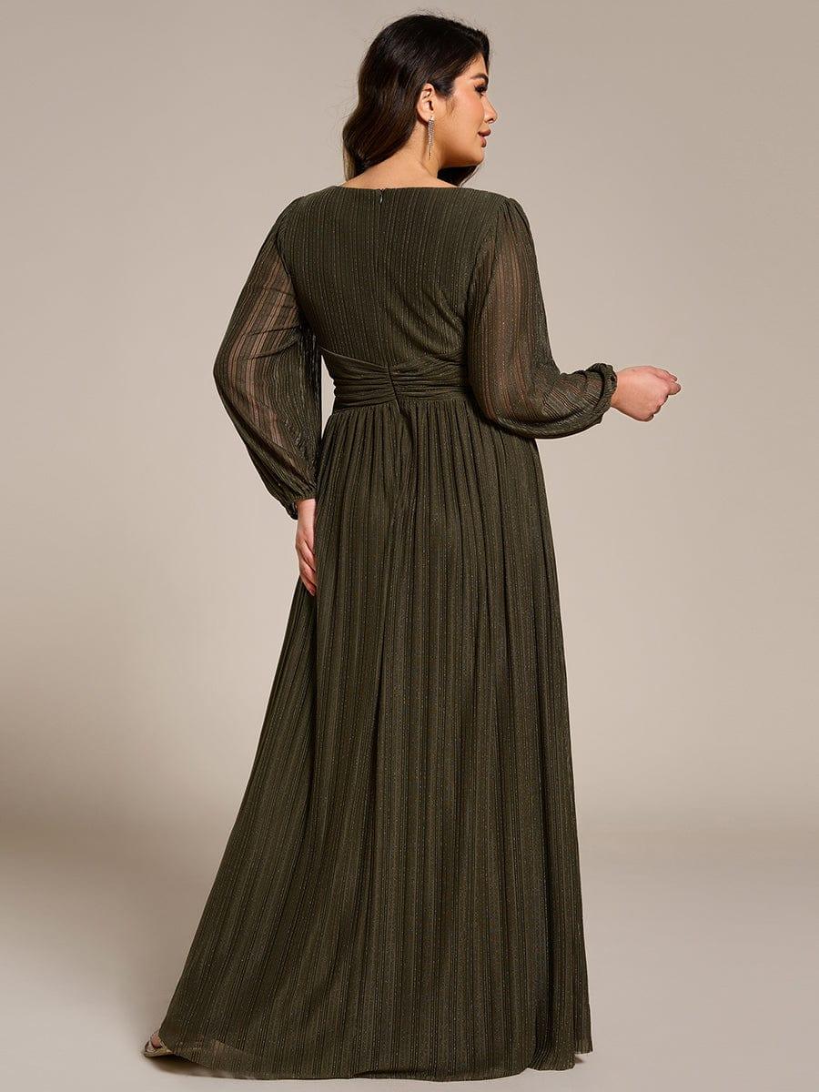 Glittery Plus Size Empire V-Neck A-Line Evening Dress with Long Sleeves