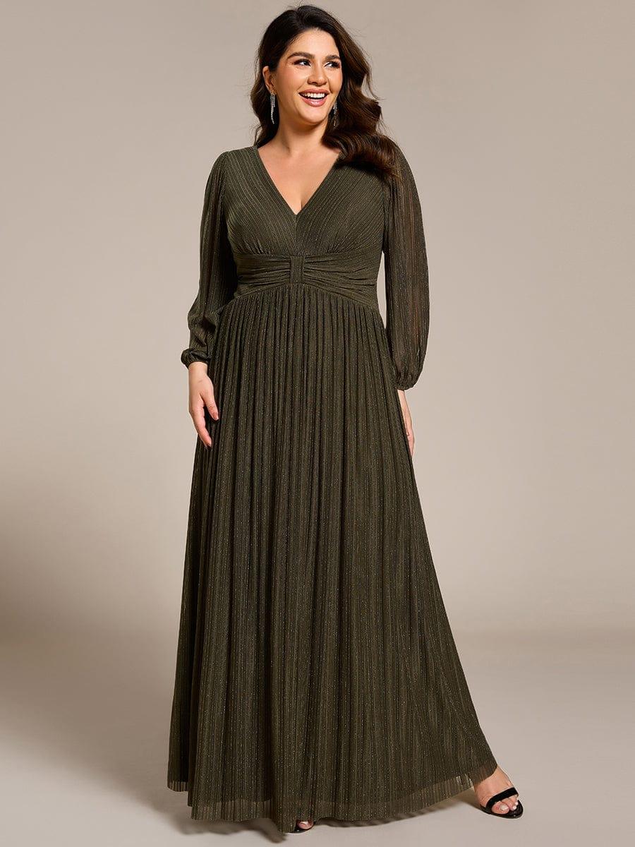 Glittery Plus Size Empire V-Neck A-Line Evening Dress with Long Sleeves