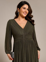 Glittery Plus Size Empire V-Neck A-Line Evening Dress with Long Sleeves