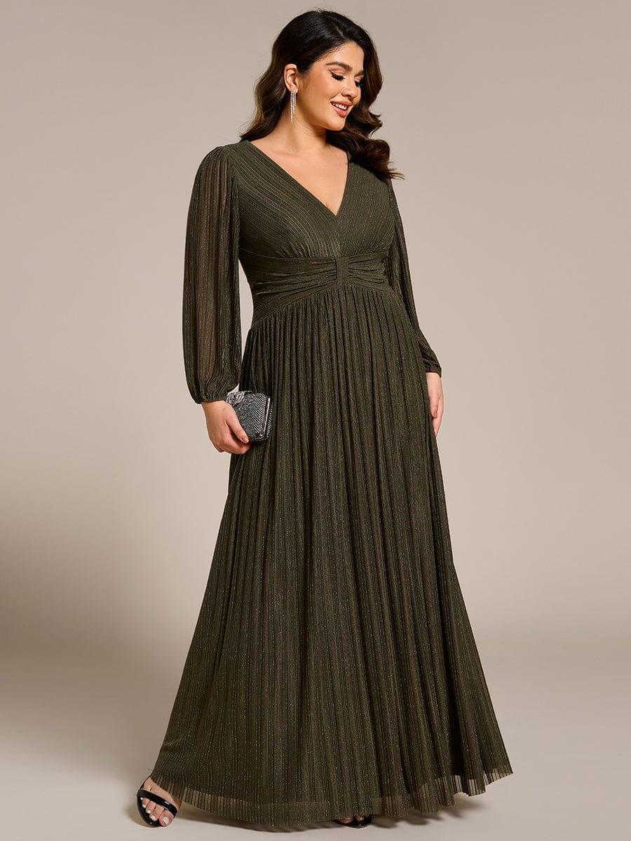 Glittery Plus Size Empire V-Neck A-Line Evening Dress with Long Sleeves