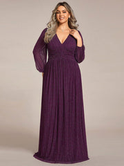 Glittery Plus Size Empire V-Neck A-Line Evening Dress with Long Sleeves