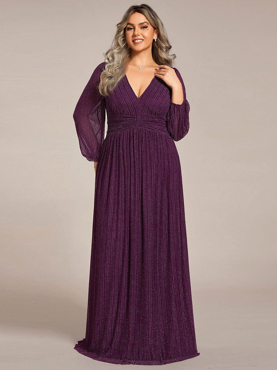 Glittery Plus Size Empire V-Neck A-Line Evening Dress with Long Sleeves