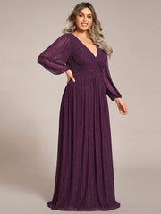 Glittery Plus Size Empire V-Neck A-Line Evening Dress with Long Sleeves