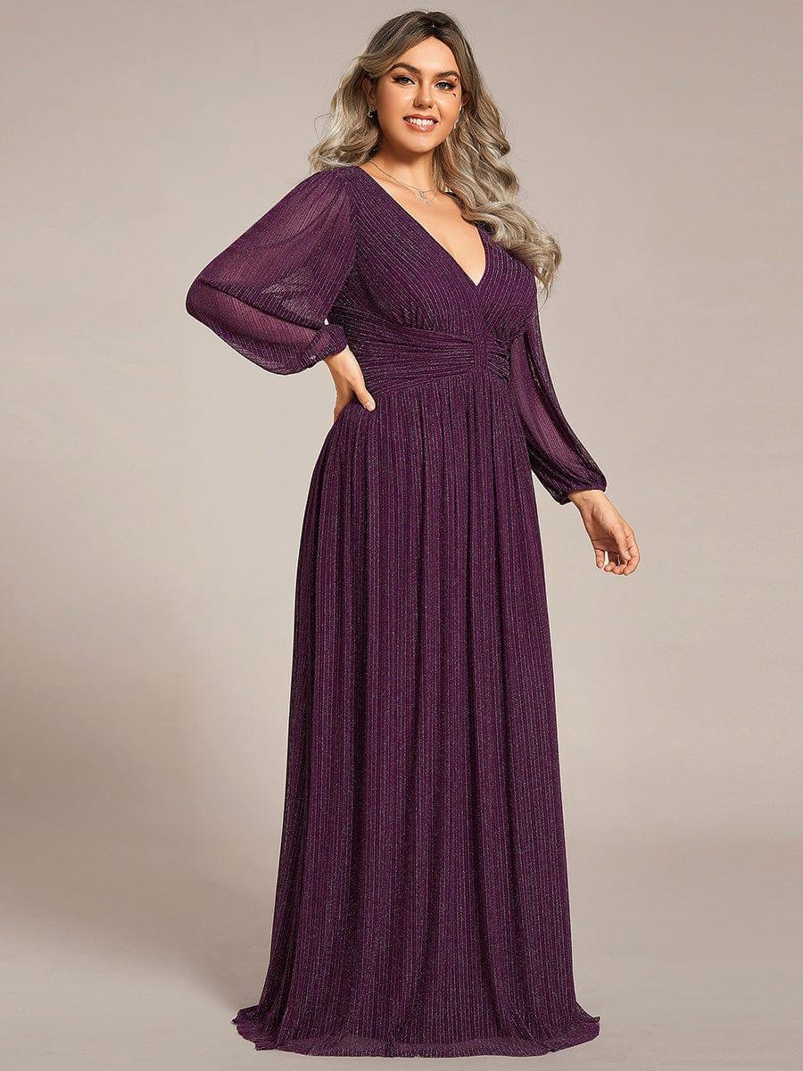 Glittery Plus Size Empire V-Neck A-Line Evening Dress with Long Sleeves