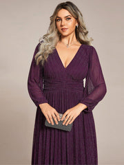 Glittery Plus Size Empire V-Neck A-Line Evening Dress with Long Sleeves