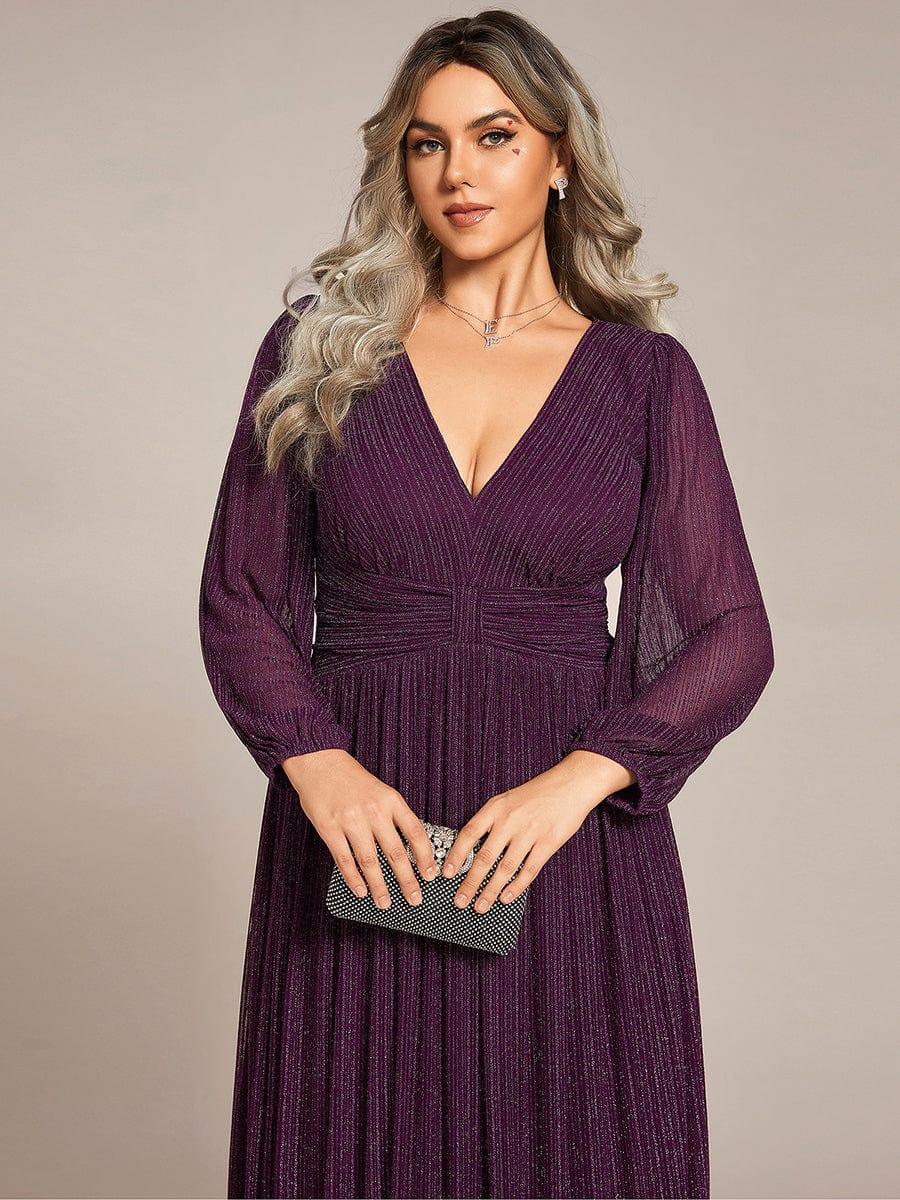 Glittery Plus Size Empire V-Neck A-Line Evening Dress with Long Sleeves