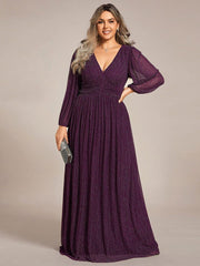 Glittery Plus Size Empire V-Neck A-Line Evening Dress with Long Sleeves