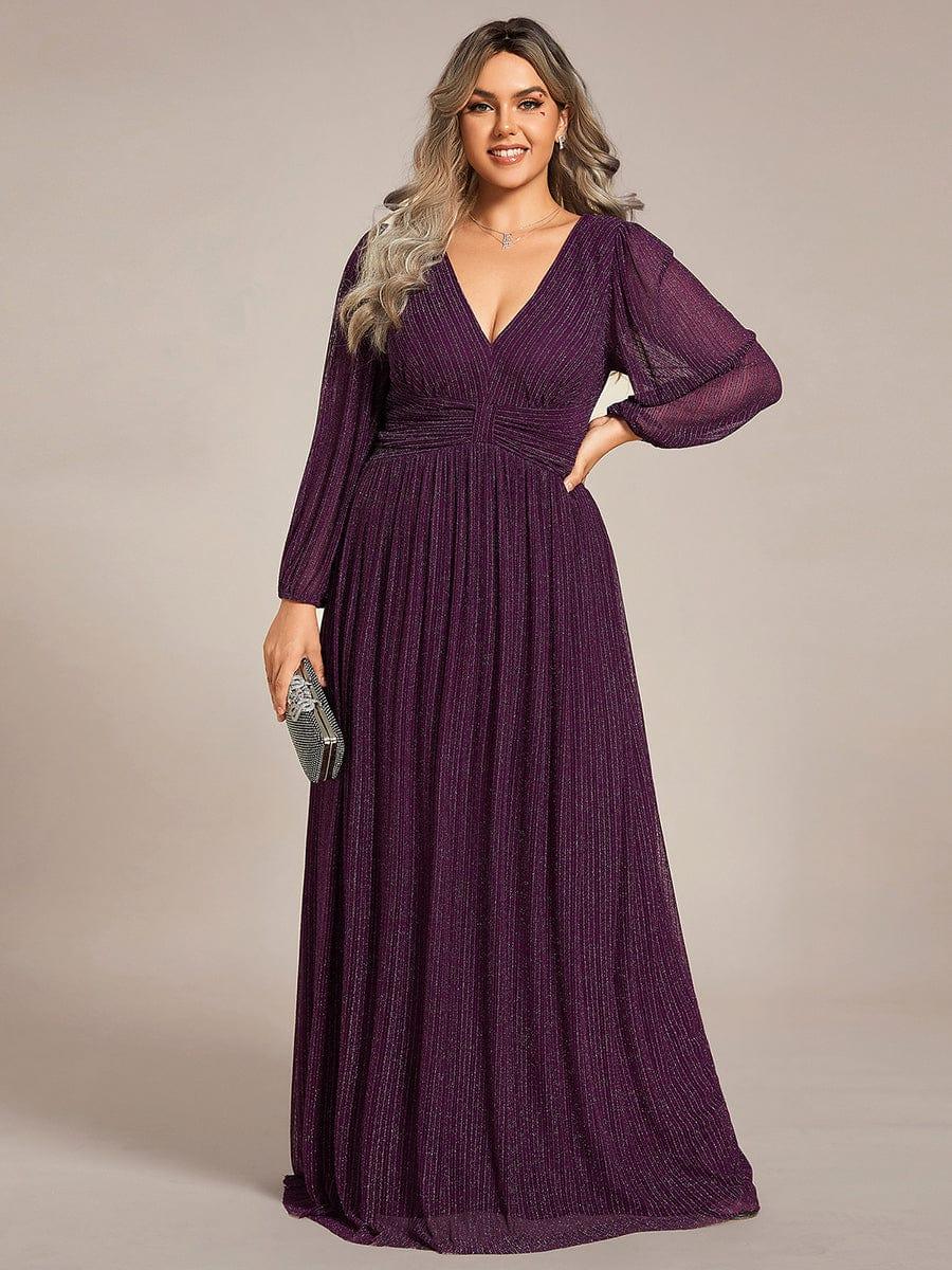 Glittery Plus Size Empire V-Neck A-Line Evening Dress with Long Sleeves