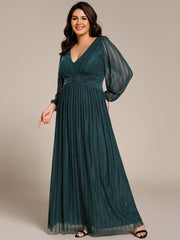 Glittery Plus Size Empire V-Neck A-Line Evening Dress with Long Sleeves