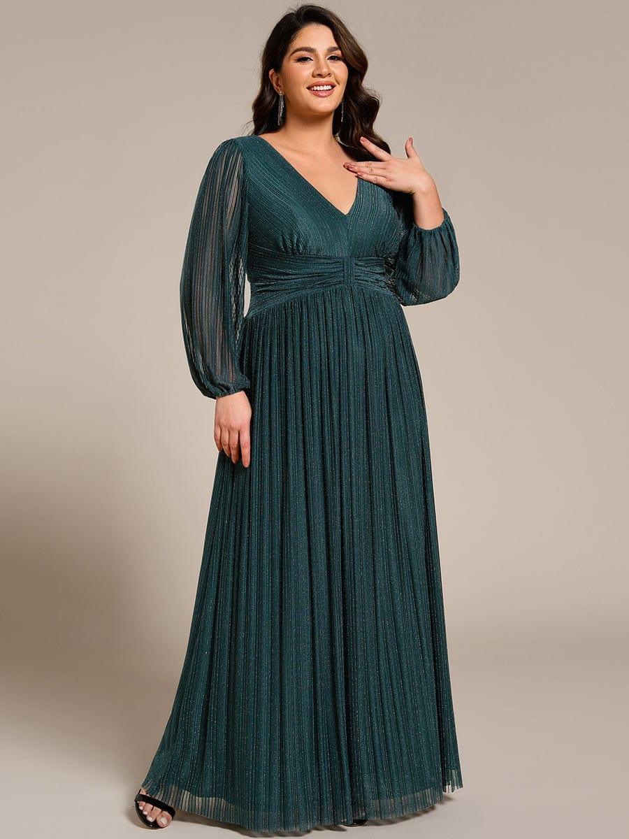 Glittery Plus Size Empire V-Neck A-Line Evening Dress with Long Sleeves