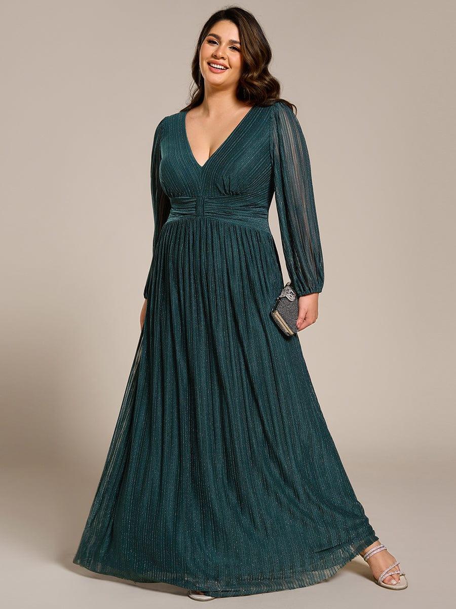 Glittery Plus Size Empire V-Neck A-Line Evening Dress with Long Sleeves