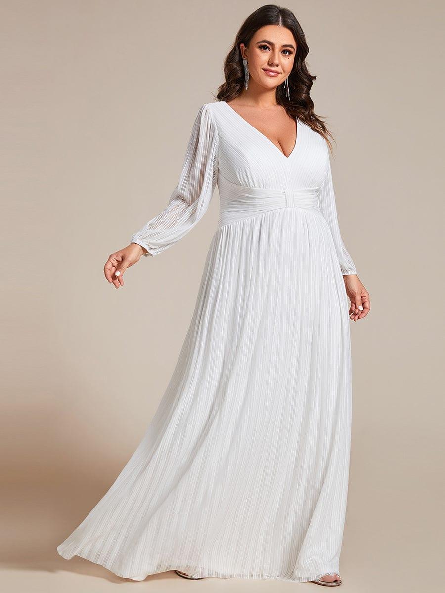 Glittery Plus Size Empire V-Neck A-Line Evening Dress with Long Sleeves