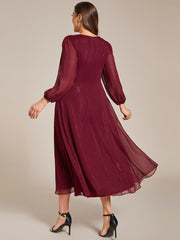 Chic Plus Size Long Sleeves A-Line V-Neck Evening Dress Tea-Length