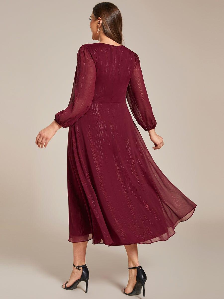 Chic Plus Size Long Sleeves A-Line V-Neck Evening Dress Tea-Length