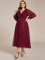 Chic Plus Size Long Sleeves A-Line V-Neck Evening Dress Tea-Length
