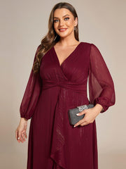 Chic Plus Size Long Sleeves A-Line V-Neck Evening Dress Tea-Length