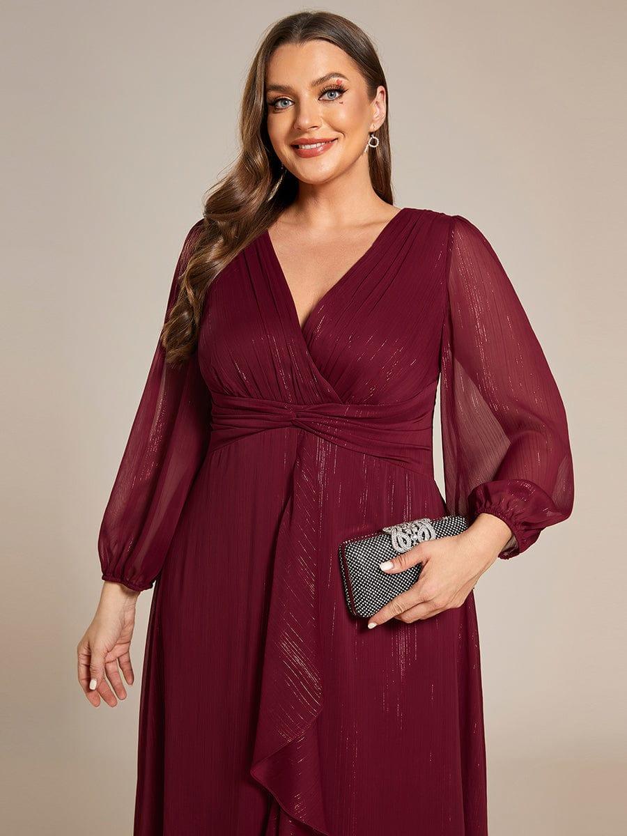 Chic Plus Size Long Sleeves A-Line V-Neck Evening Dress Tea-Length