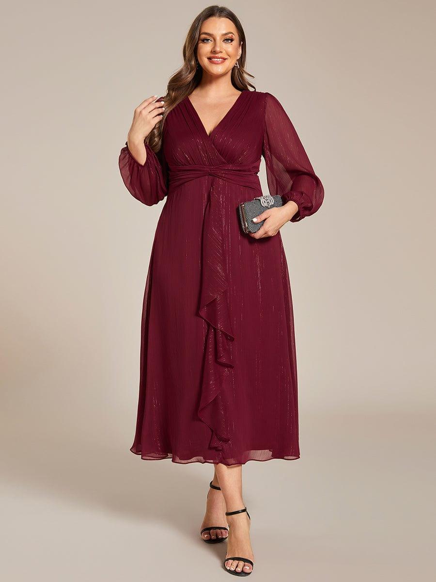 Chic Plus Size Long Sleeves A-Line V-Neck Evening Dress Tea-Length