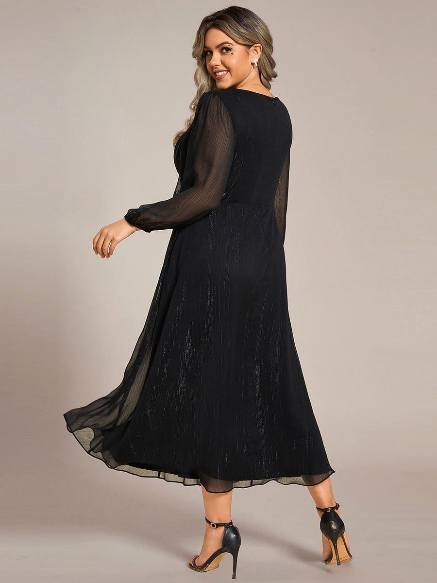 Chic Plus Size Long Sleeves A-Line V-Neck Evening Dress Tea-Length