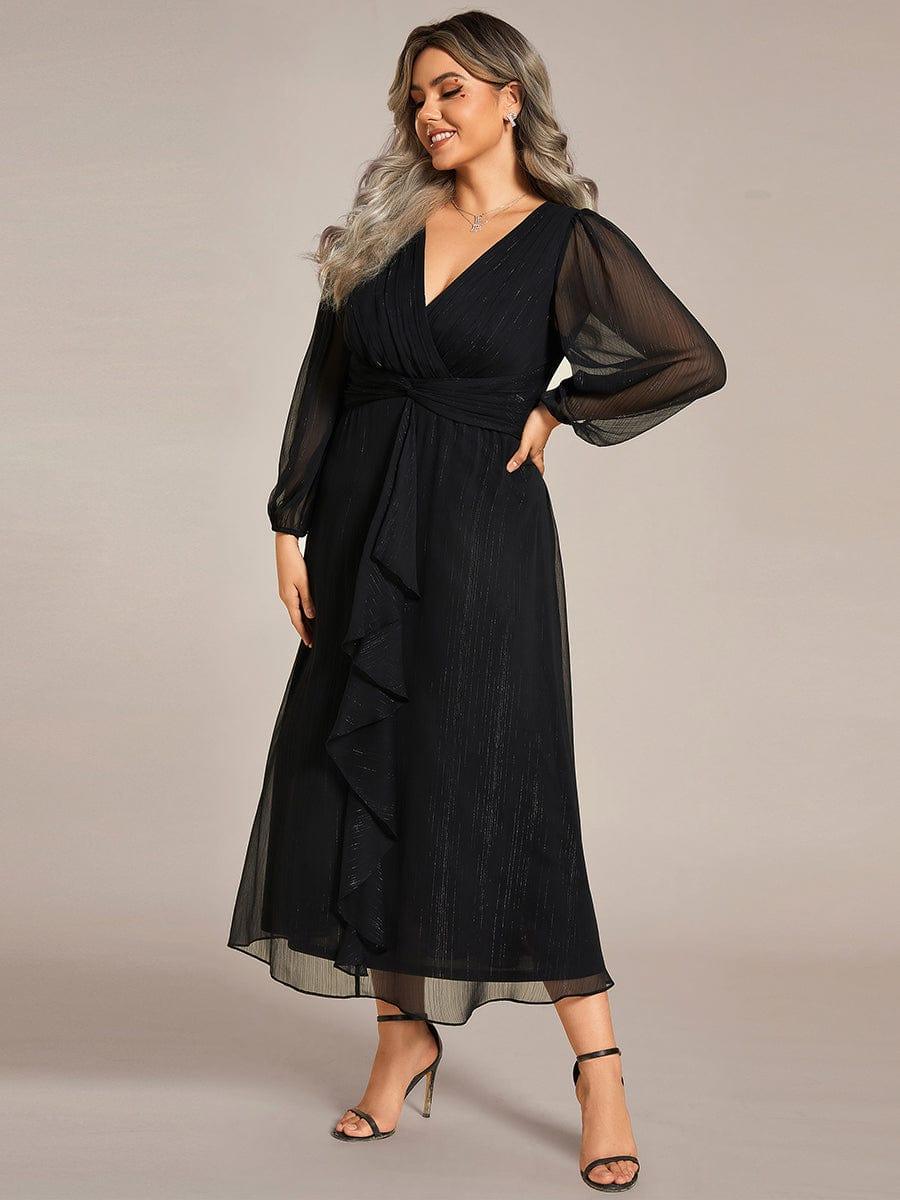 Chic Plus Size Long Sleeves A-Line V-Neck Evening Dress Tea-Length
