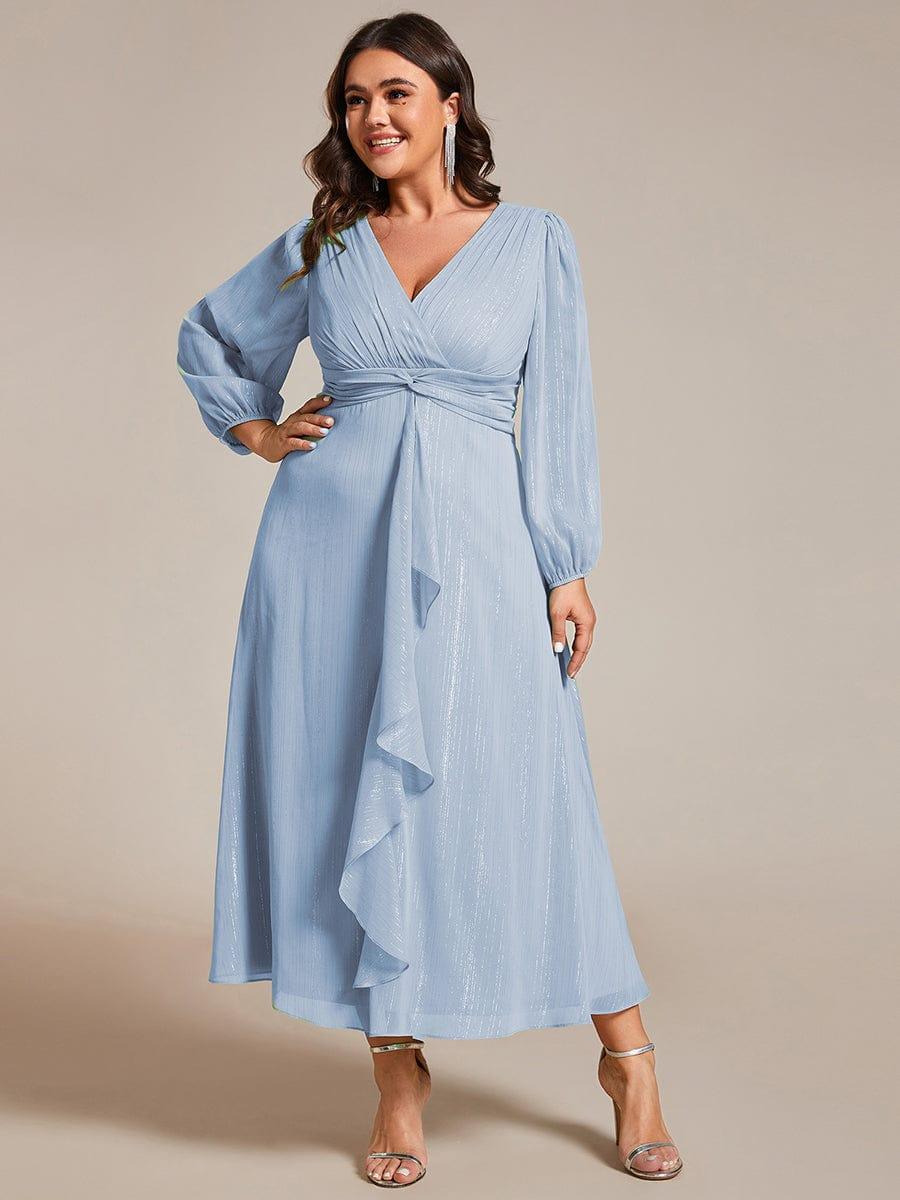 Chic Plus Size Long Sleeves A-Line V-Neck Evening Dress Tea-Length