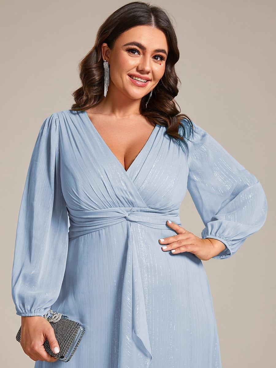 Chic Plus Size Long Sleeves A-Line V-Neck Evening Dress Tea-Length