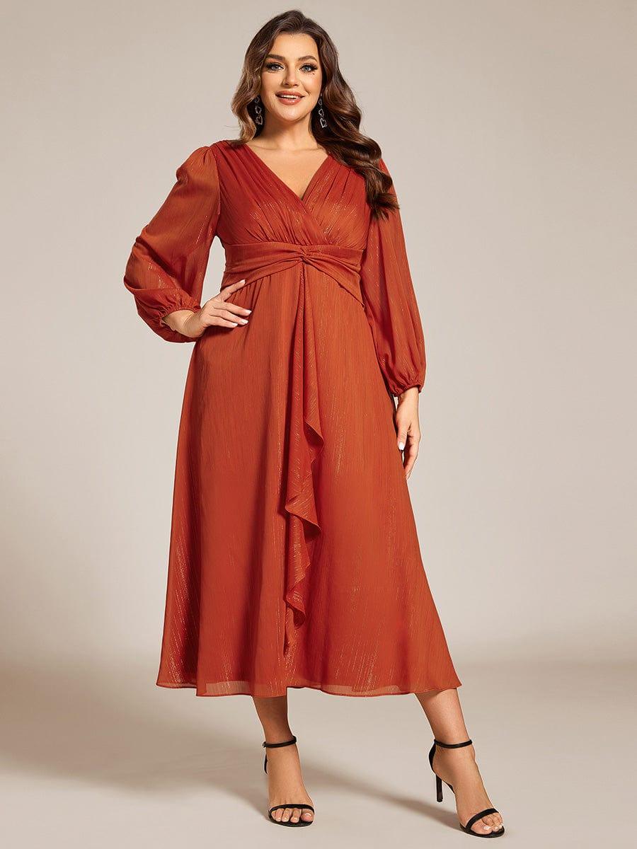 Chic Plus Size Long Sleeves A-Line V-Neck Evening Dress Tea-Length