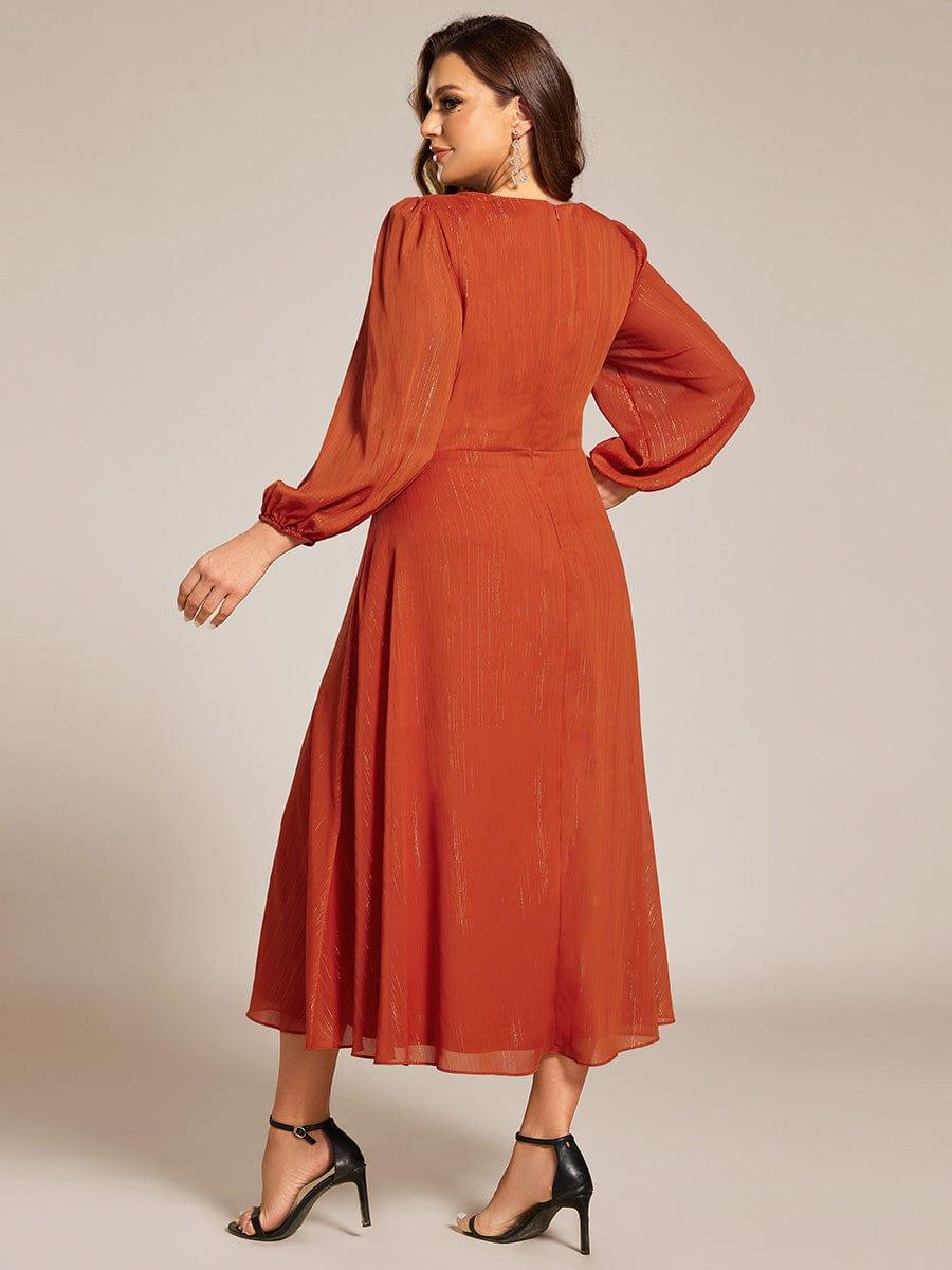 Chic Plus Size Long Sleeves A-Line V-Neck Evening Dress Tea-Length